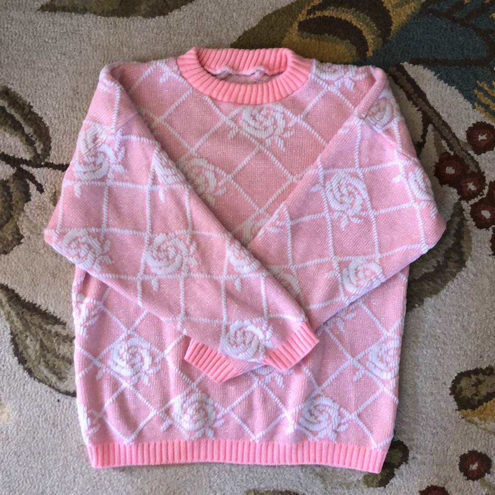 80s Vintage Pink Rose Shimmer Sweater